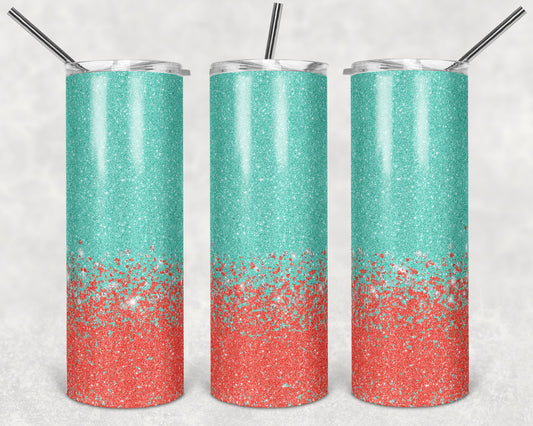 20 oz Skinny Tumbler Sublimation Design Glitter Confetti Coral teal Straight and Warped Design