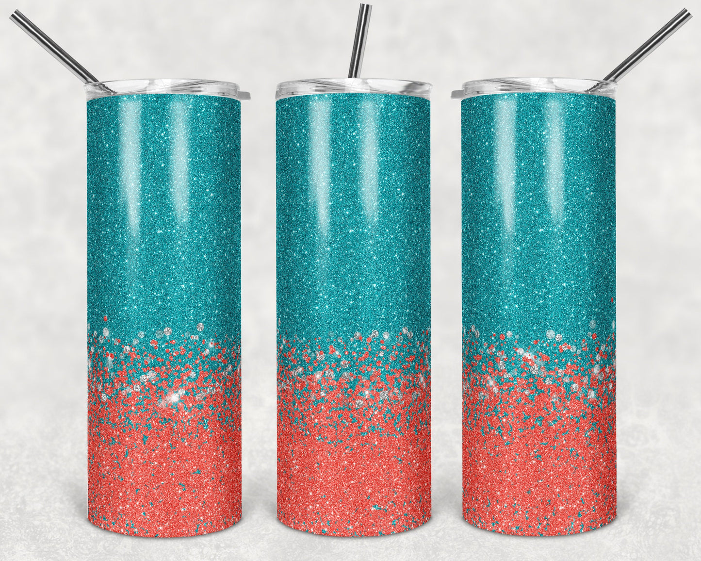 20 oz Skinny Tumbler Sublimation Design Glitter Confetti Coral teal Straight and Warped Design