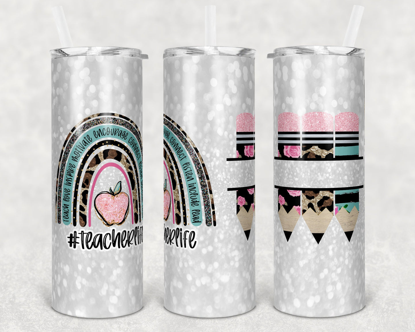 20 oz Skinny Tumbler Rainbow Leopard Glitter Teacher Tumbler Pencil Monogram Teacher Life Sublimation Design