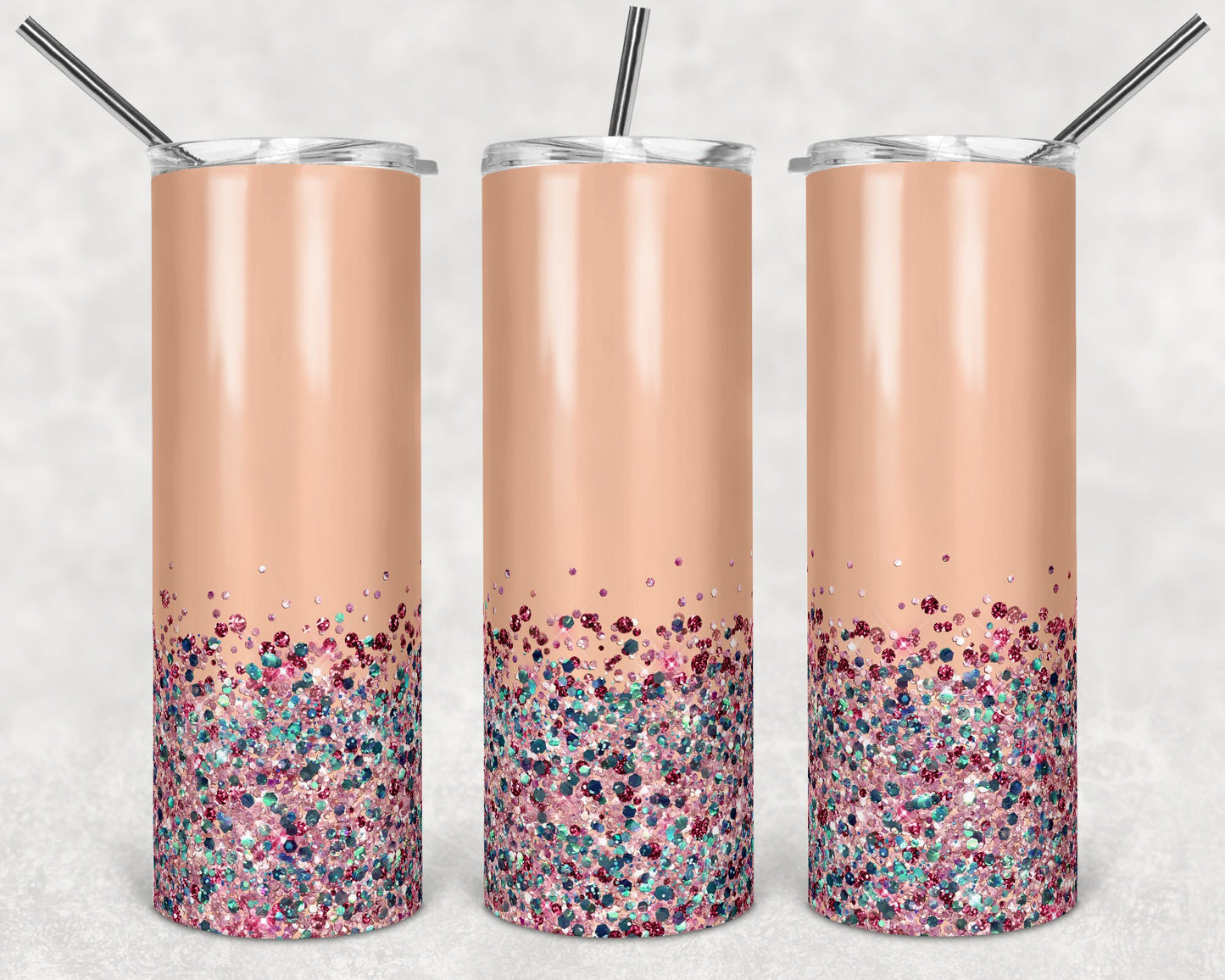 20 oz Skinny Tumbler Sublimation Design Template Glitter Confetti Peach glitter solid Straight Warped Design tumblers