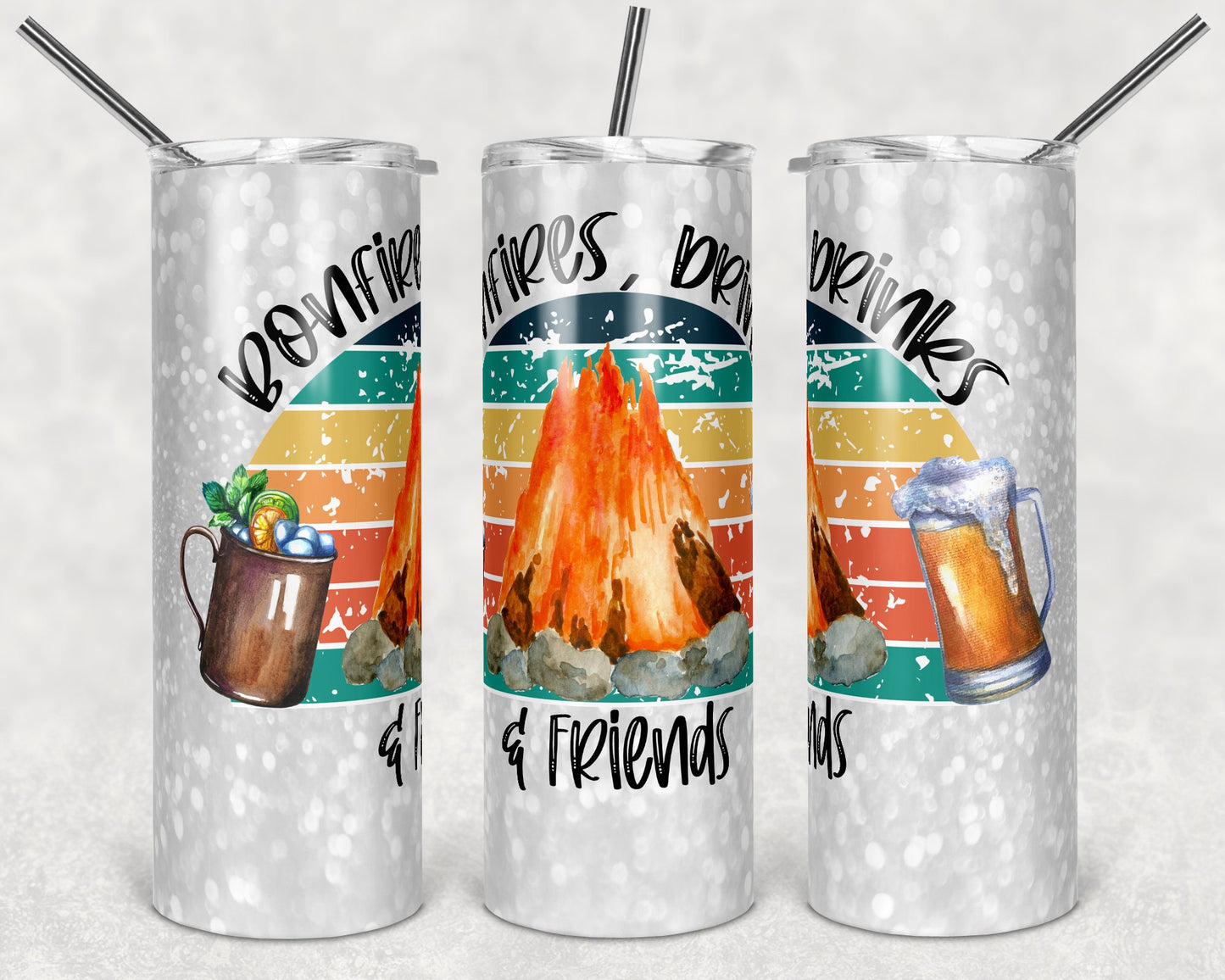 20 oz Skinny Tumbler Camper Camping Bonfires and Drinking Friends Sublimation Design tumblers