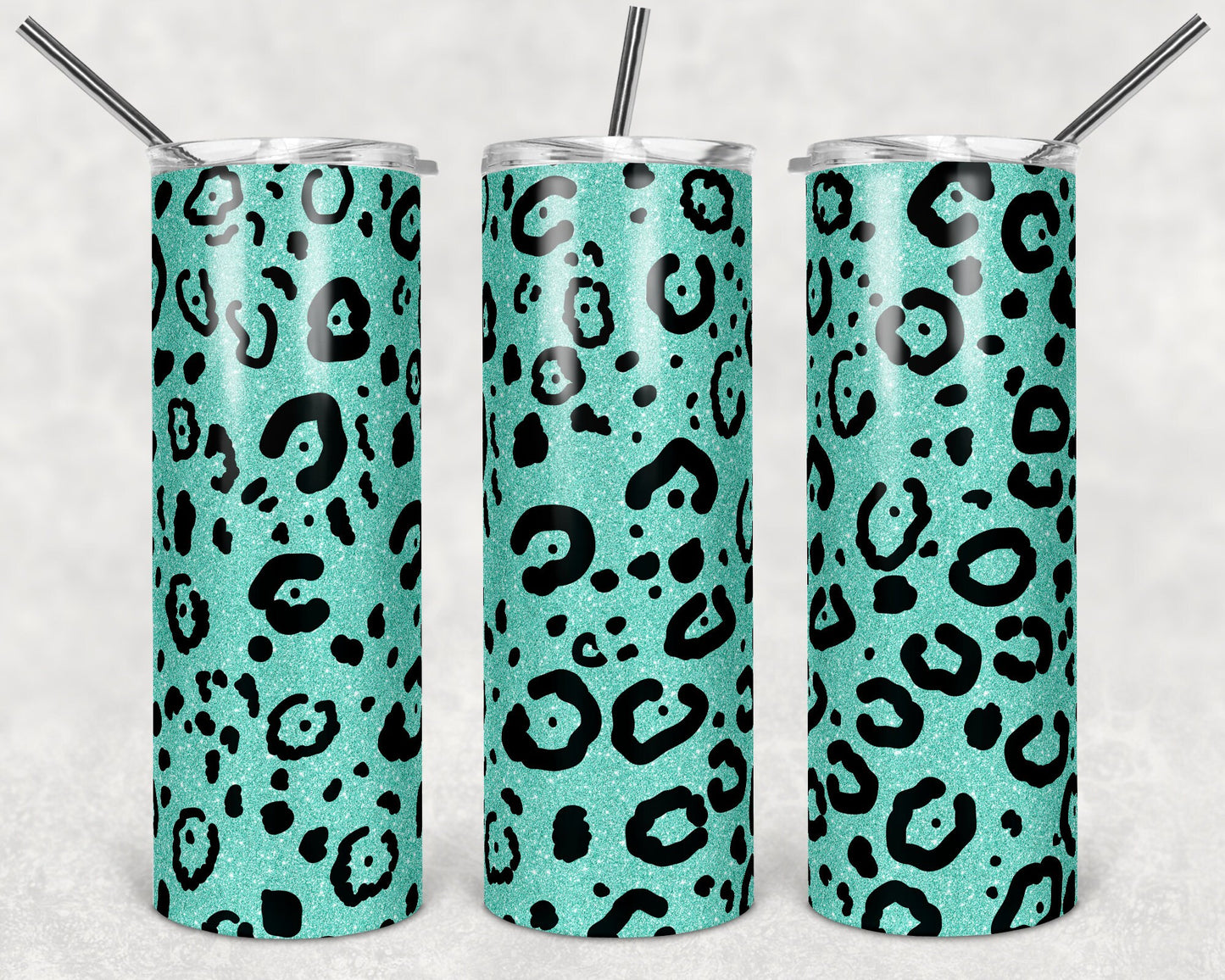 20 oz Skinny Tumbler Sublimation Design Template Teal Leopard Glitter Design tumblers