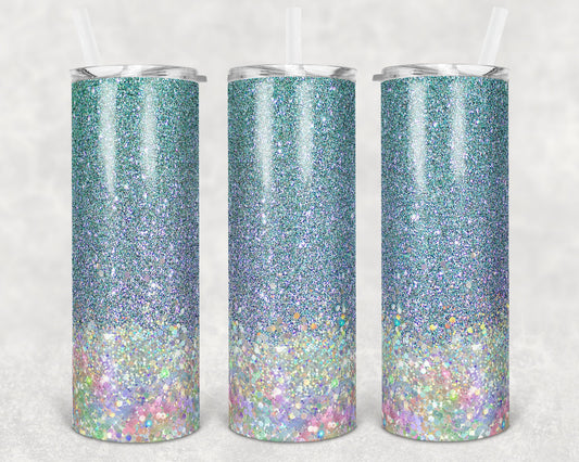 20 oz Skinny Tumbler Sublimation Design Template Glitter Blue Holographic White Straight and Warped Design