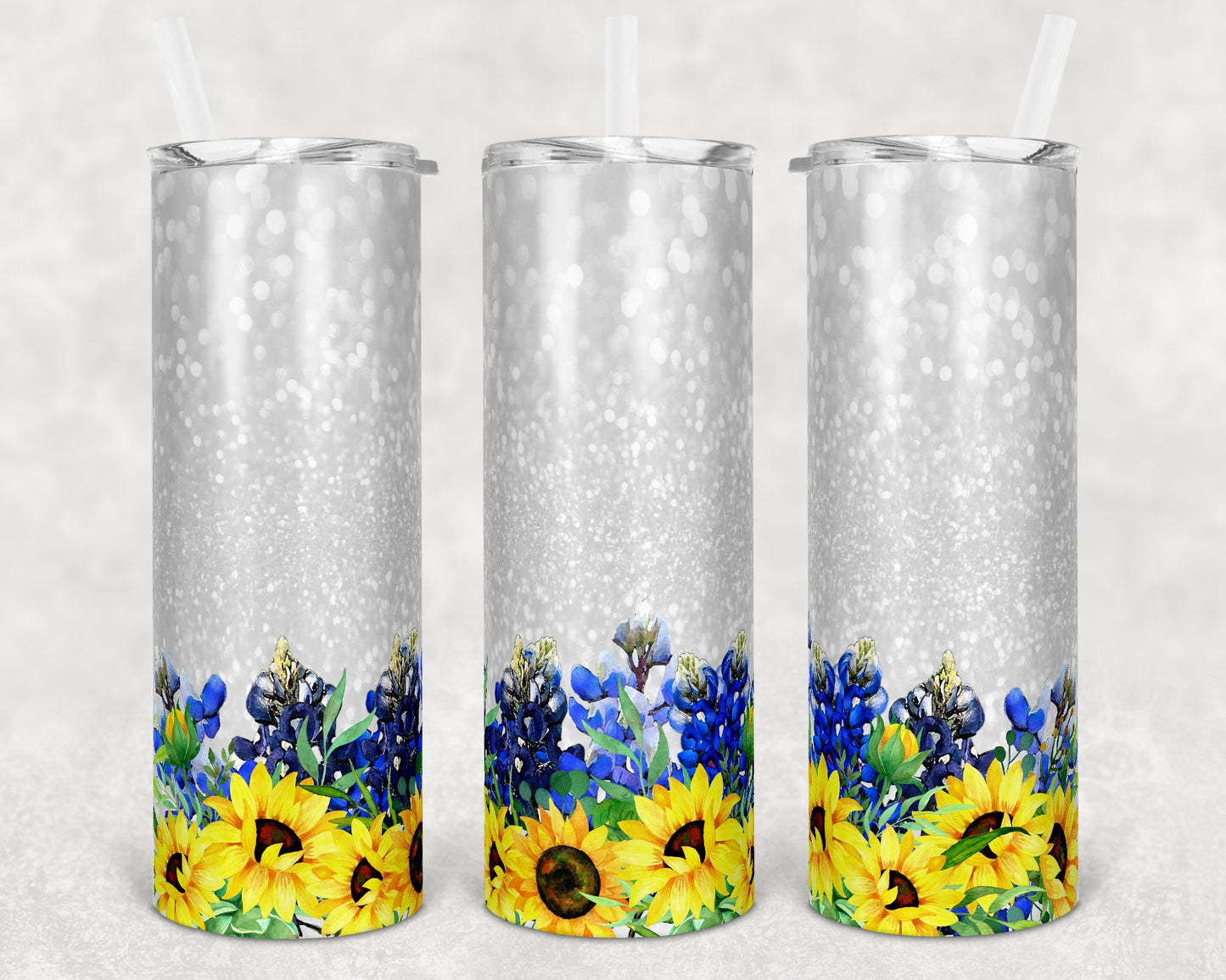20 oz Skinny Tumbler Floral Blue Bonnet and Yellow Sunflower White Glitter and No Background Sublimation Design