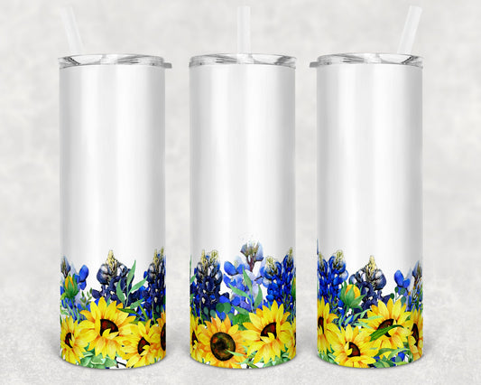 20 oz Skinny Tumbler Floral Blue Bonnet and Yellow Sunflower White Glitter and No Background Sublimation Design