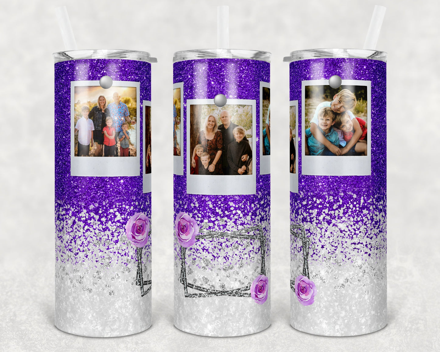 20 oz Skinny Tumbler Frame Purple White Glitter 3 Photo Picture Sublimation Design