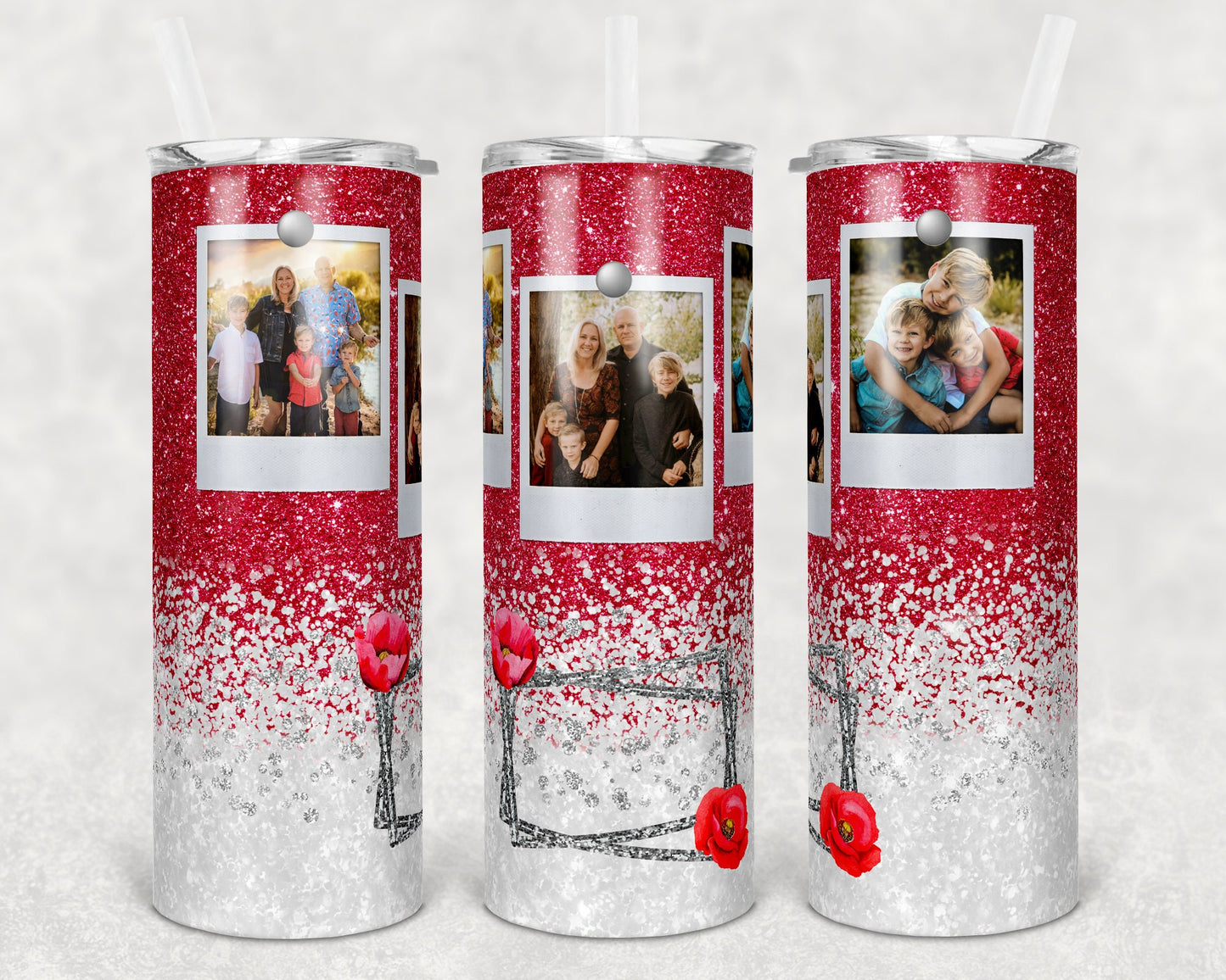 20 oz Skinny Tumbler Frame Red White Glitter 3 Photo Picture Sublimation Design