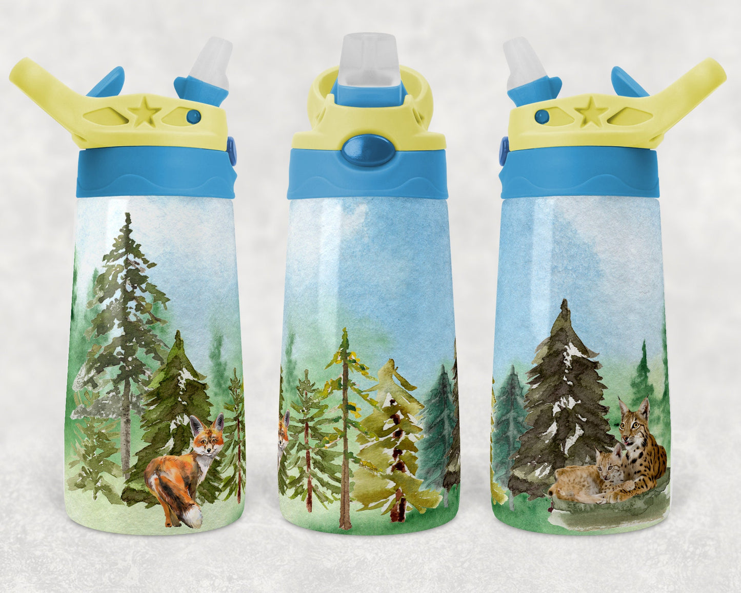 Kids water bottles Sublimation Design Template Woodland Scene Fox Bobcat Design