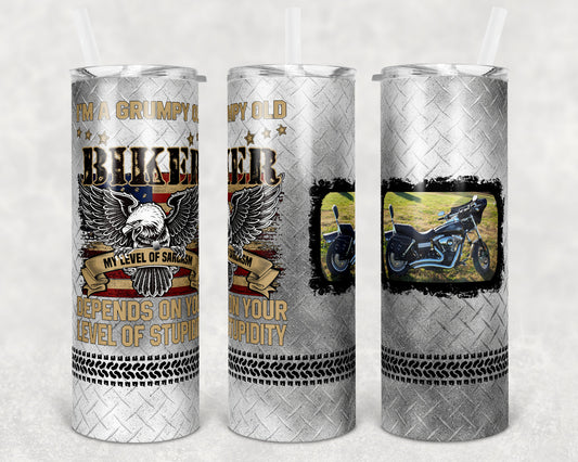 20 oz Skinny Tumbler Sublimation Design Template Biker Grumpy Old Biker with Photo Spot