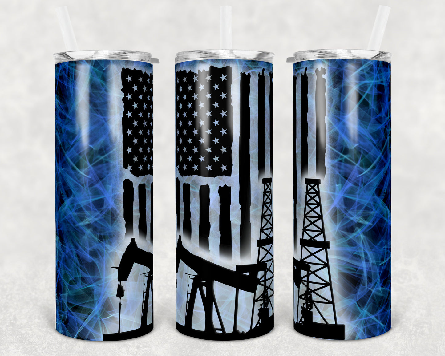 20 oz Skinny Tumbler Oilfield Oil Rig Blue Smoke Background Flag Sublimation Design