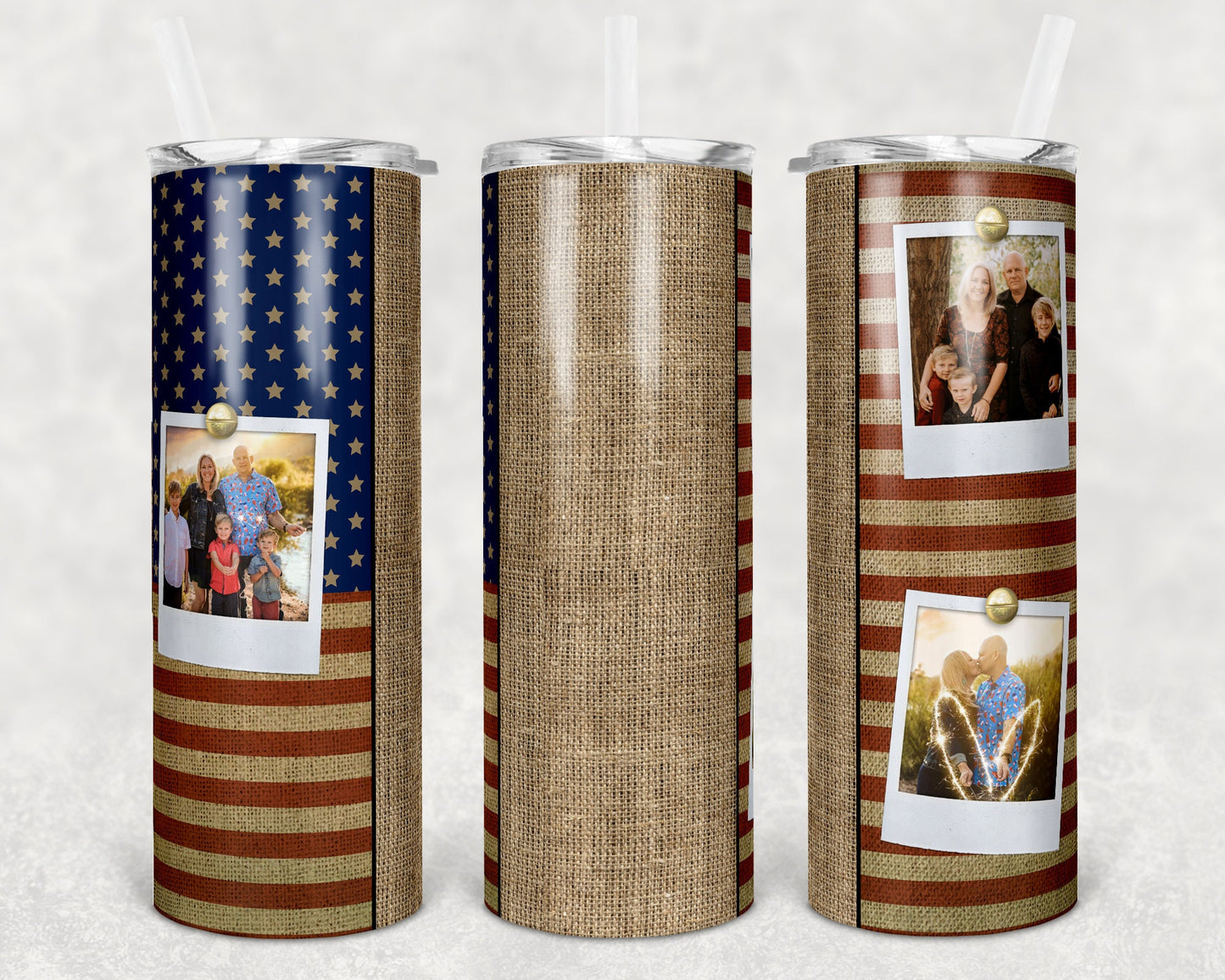 20 oz Skinny Tumbler Picture Frame Tumbler Dad Flag Patriotic 3 photo name plate Sublimation Design usa