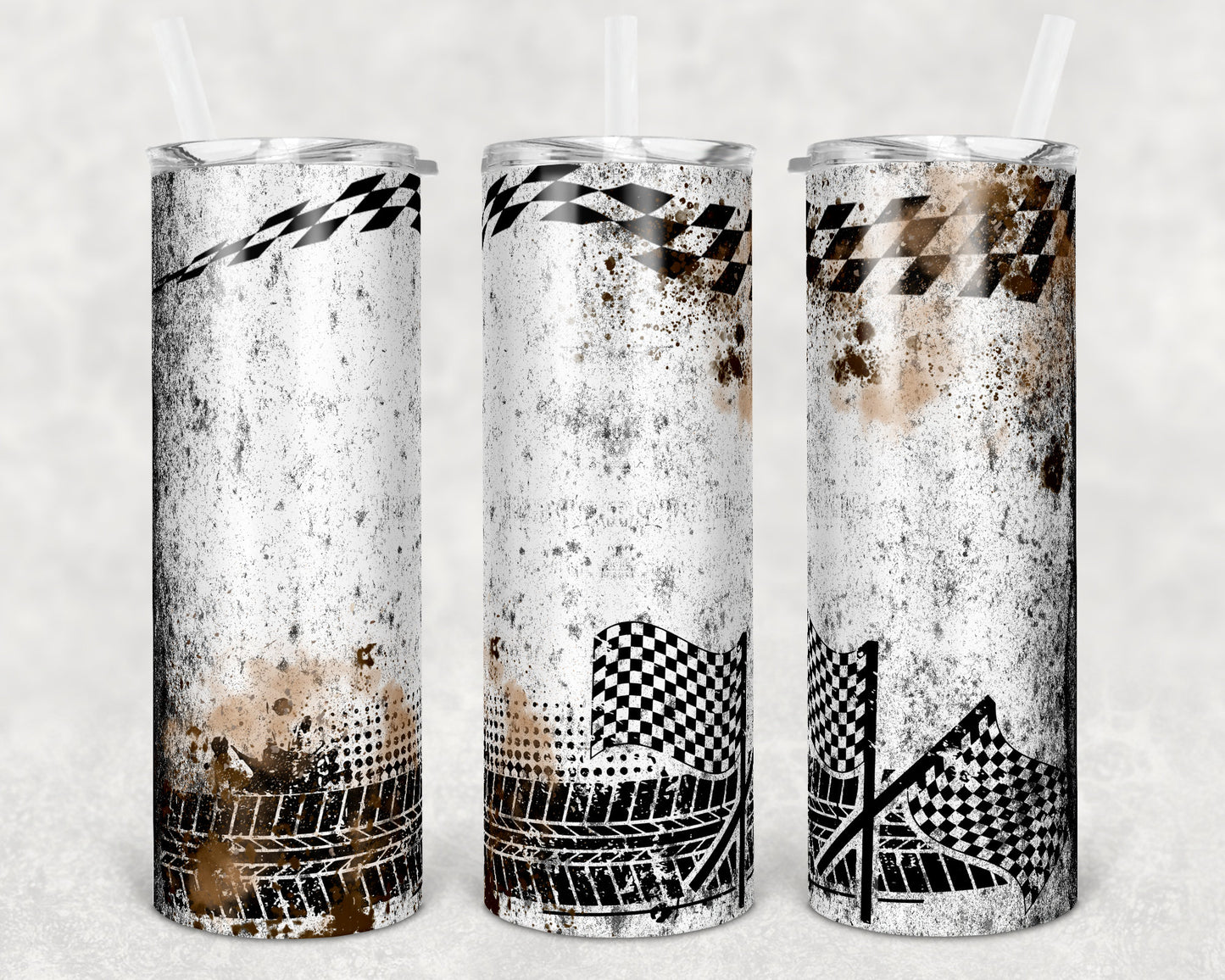 20 oz Skinny Tumbler Sublimation Design Racing Race Brown Splatter Checkered Tumbler