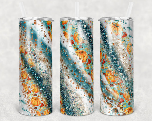 20 oz Skinny Tumbler Sublimation Design Template Glitter Milky way Teal Pumpkin Fall Colors Straight Warped Design