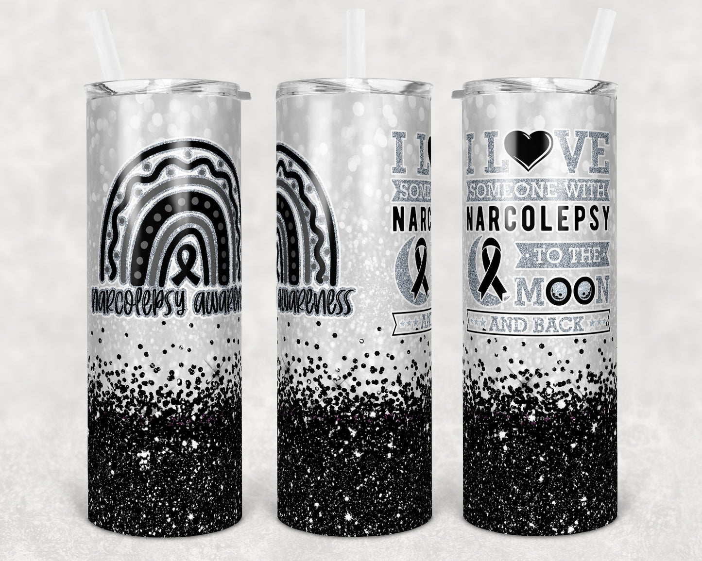 20 oz Skinny Tumbler Sublimation Glitter Narcolepsy Awareness Straight and Warped Design