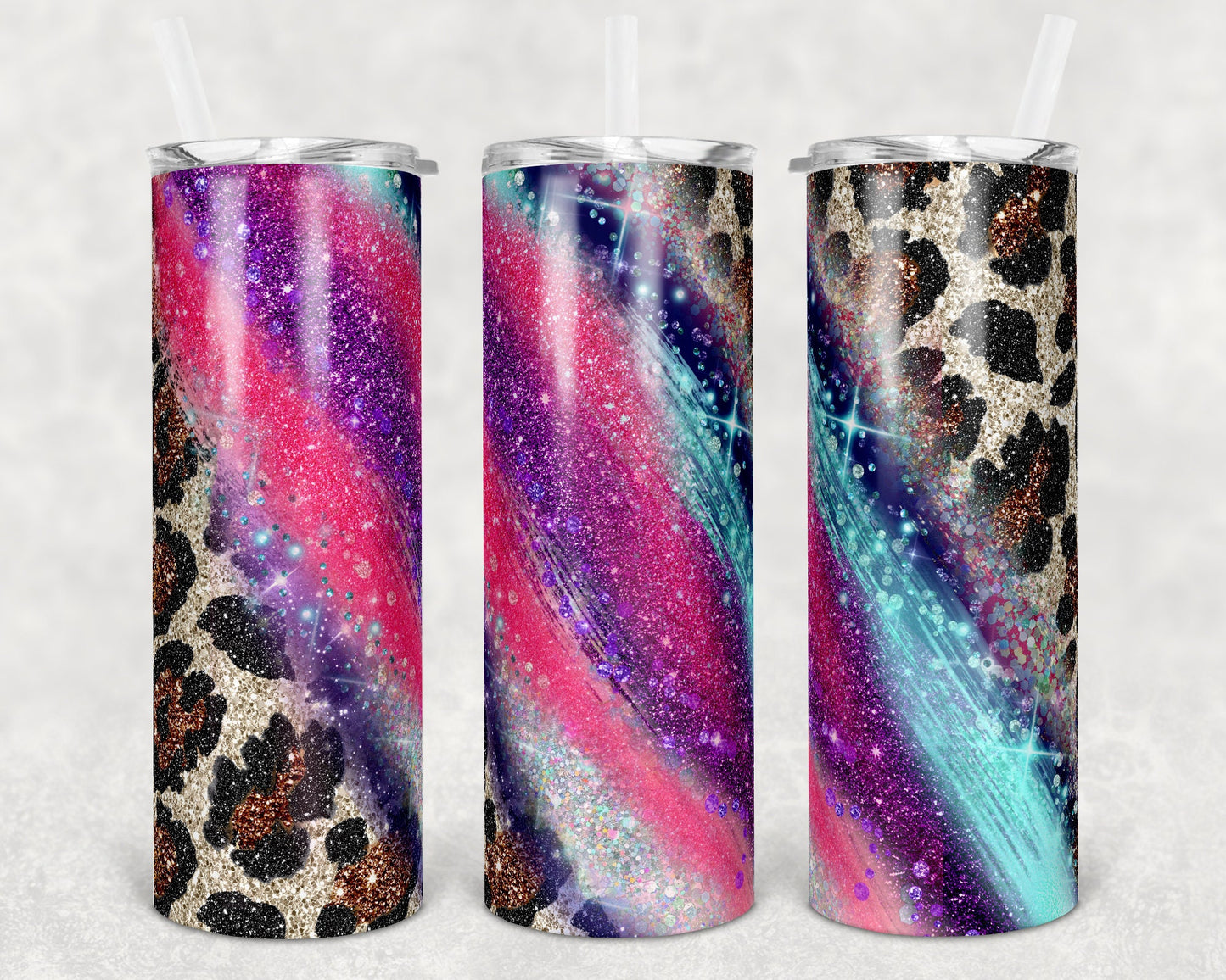 20 oz Skinny Tumbler Sublimation Template Raibow Glitter Milky Way Glitter Leopard Straight and Warped Design