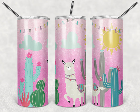 20 oz Skinny Tumbler Sublimation Pink Glitter Ombre Llama Design