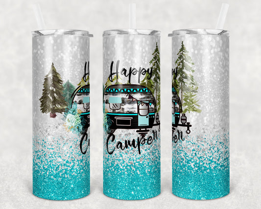 20 oz Skinny Tumbler Happy Camper teal Glitter Trailer Sublimation Design Print Transfer