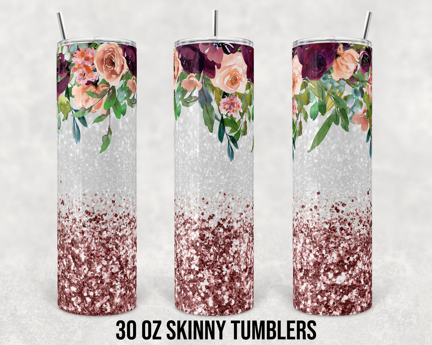 30 oz Skinny Tumbler Sublimation Design Template Faux Glitter Rose Gold Floral Straight and Warped