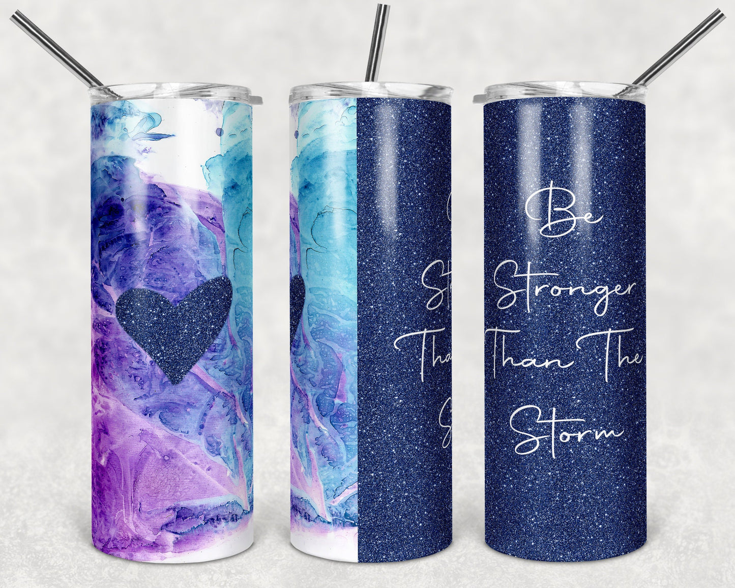 20 oz Skinny Tumbler Sublimation Ink Glitter Stronger than Storm Straight and Warped Design