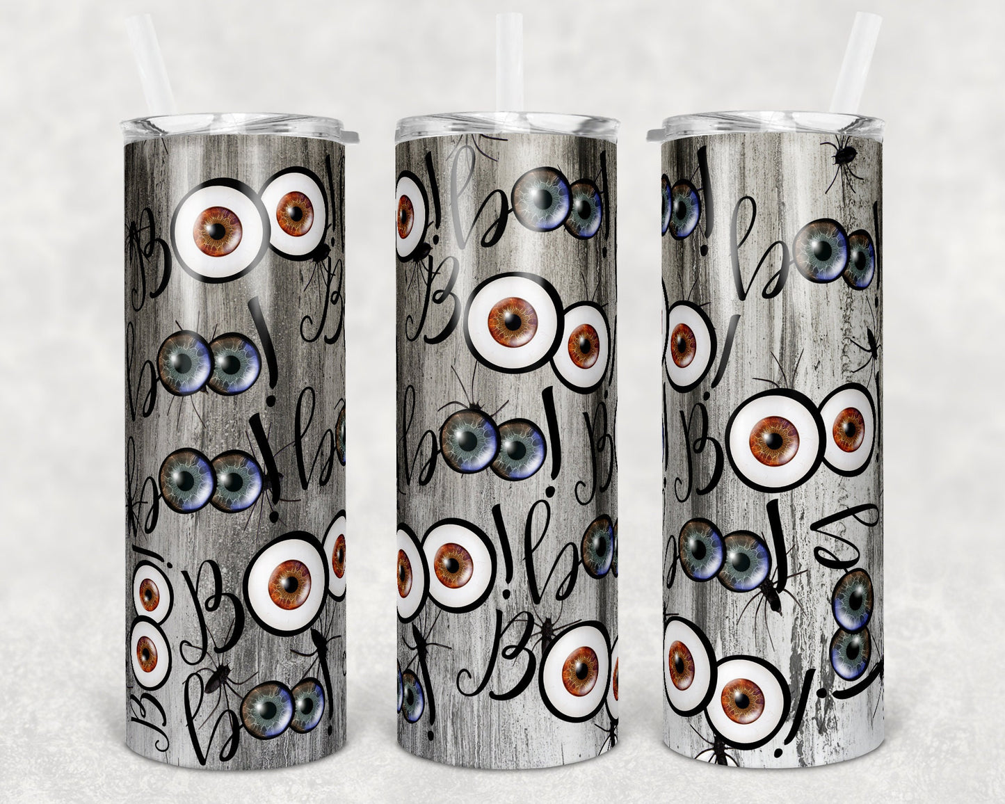 20 oz Skinny Tumbler Sublimation Design Halloween Boo Eyeballs Eye and Spiders Design