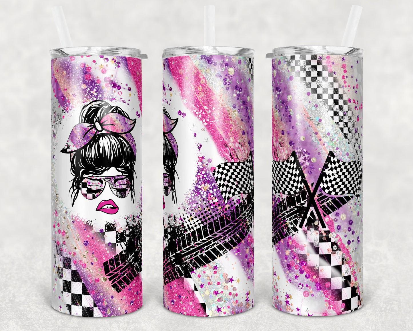 20 oz Skinny Tumbler Sublimation Design Racing Messy Bun He Races therefore I drink I smoke and Blank pink