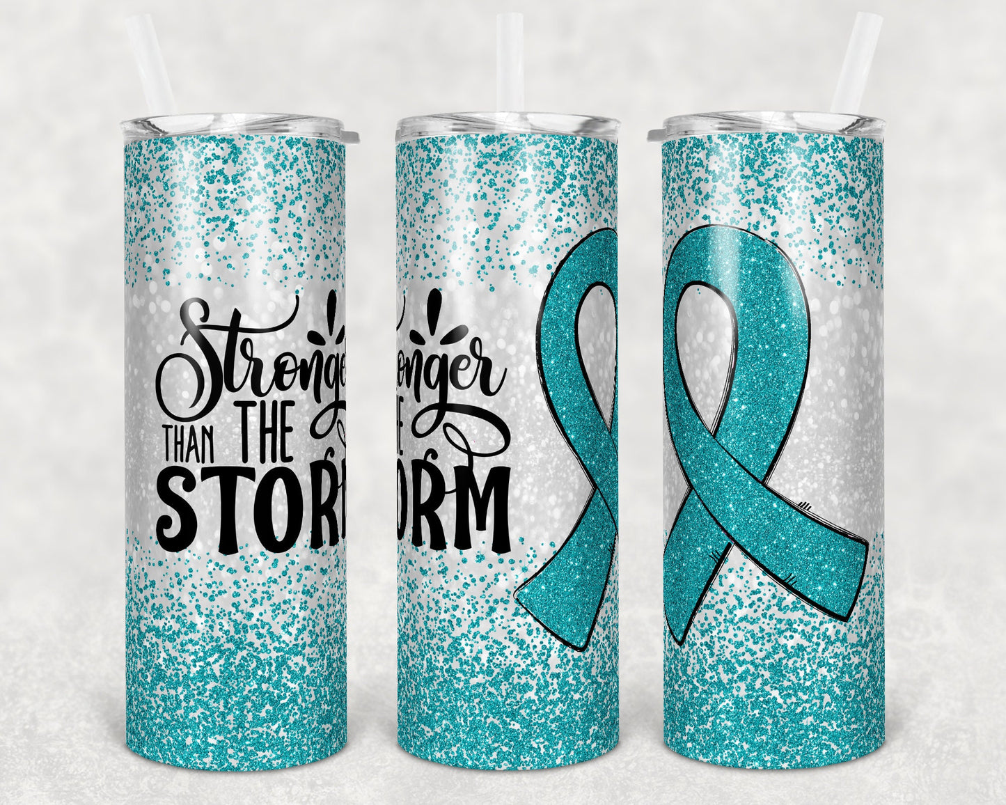 20 oz Skinny Tumbler Sublimation Glitter Teal Cancer Awareness Straight and Warped Design