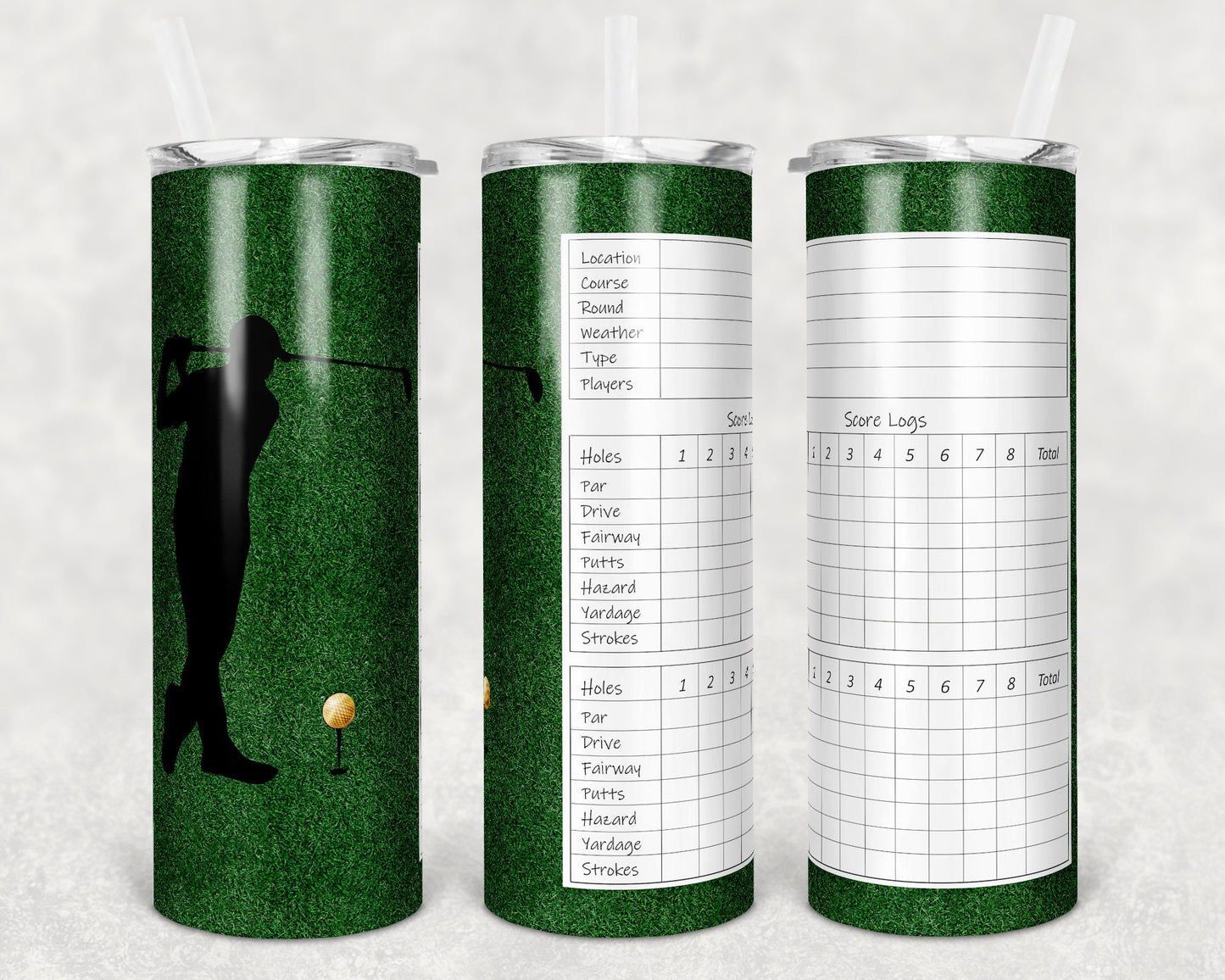 20 oz Skinny Tumbler Sublimation Design Template Golf Score Card Gold Silhouette Straight Warped
