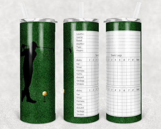 20 oz Skinny Tumbler Sublimation Design Template Golf Score Card Gold Silhouette Straight Warped