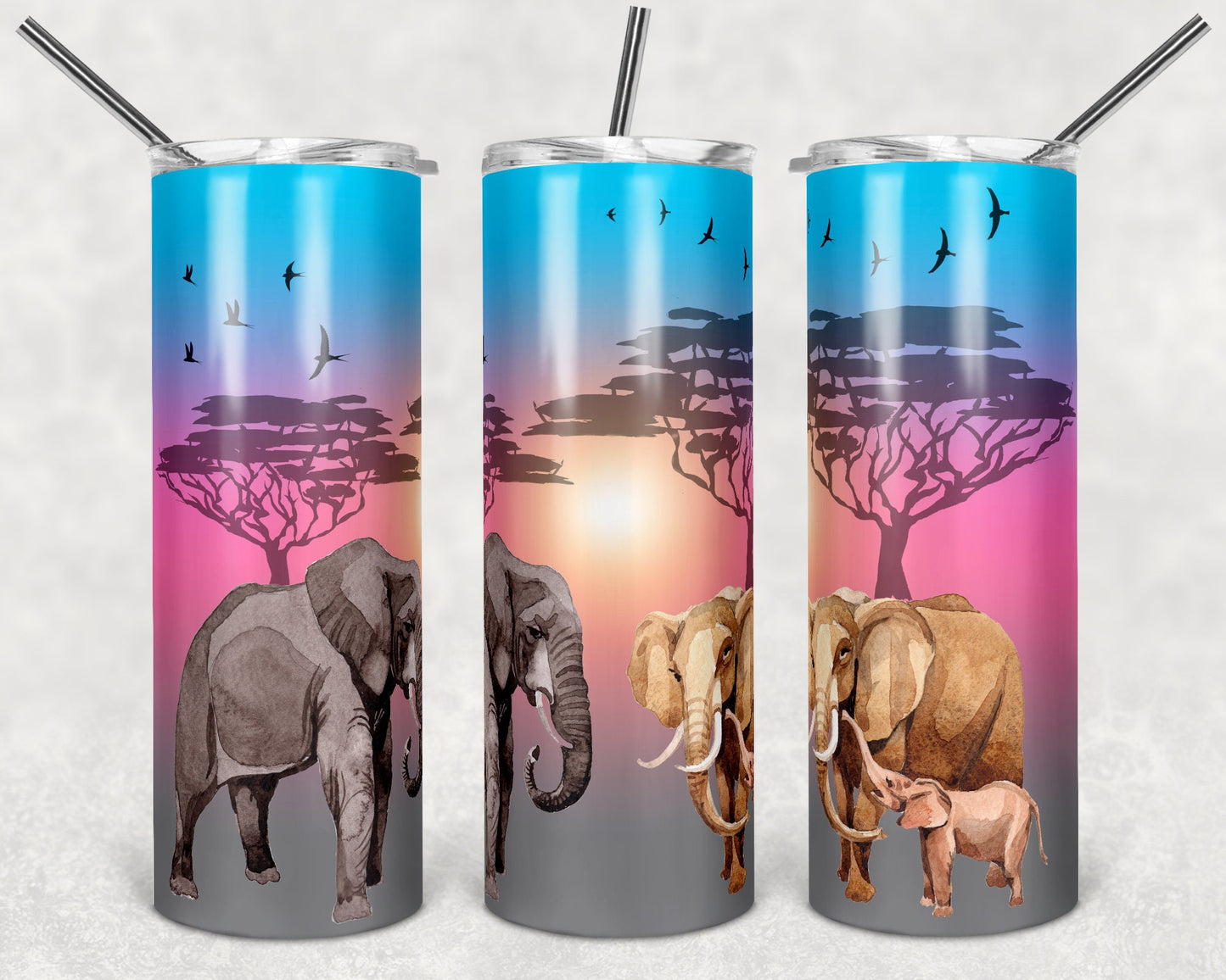20 oz Skinny Tumbler Sublimation African Elephant Sunset Lanscrape Scene Design Straight and Warped Design