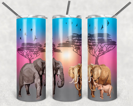 20 oz Skinny Tumbler Sublimation African Elephant Sunset Lanscrape Scene Design Straight and Warped Design