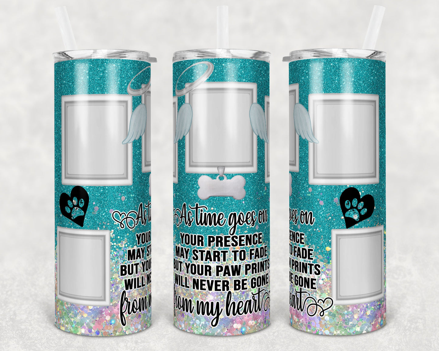 20 oz Skinny Tumbler Dog Memorial Picture Frame Teal Holographic Faux Glitter Tumbler photos Sublimation Design