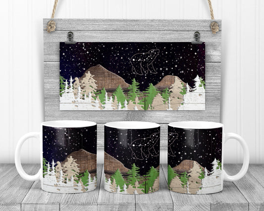 Sublimation Mug Design Stacked Faux Wood Constellation Bear Forest Mountains Design