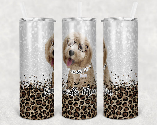 20 oz Skinny Tumbler Sublimation Doodle Dog Mom Glitter and Leopard Template Straight Warped