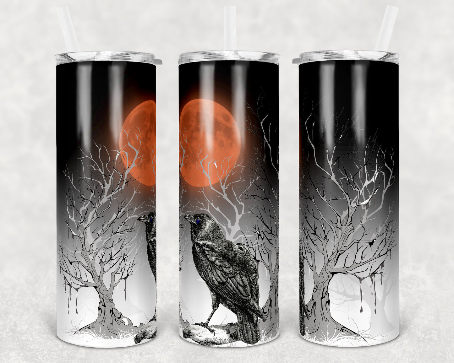 20 oz Skinny Tumbler Sublimation Design Template Raven Blood Moon Halloween Straight Warped Design