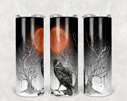 20 oz Skinny Tumbler Sublimation Design Template Raven Blood Moon Halloween Straight Warped Design