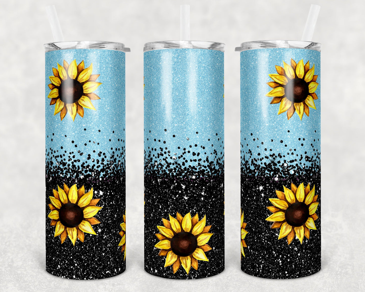 20 oz Skinny Tumbler Sublimation Design Template Blue Black Glitter Sunflower Glitter Design Inst tumblers