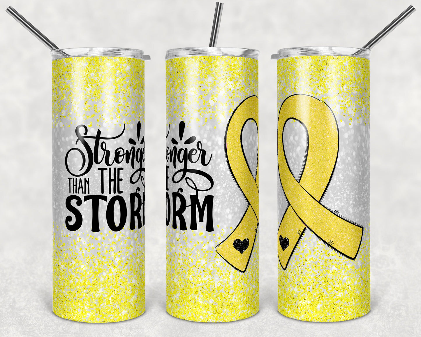 20 oz Skinny Tumbler Sublimation Glitter Yellow Cancer Awareness Straight and Warped Design