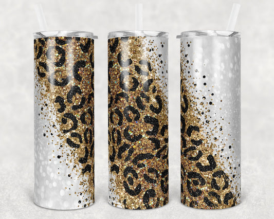 20 oz Skinny Tumbler Sublimation Design Template Glitter Gold White Diagonal Leopard Straight and Warped Design