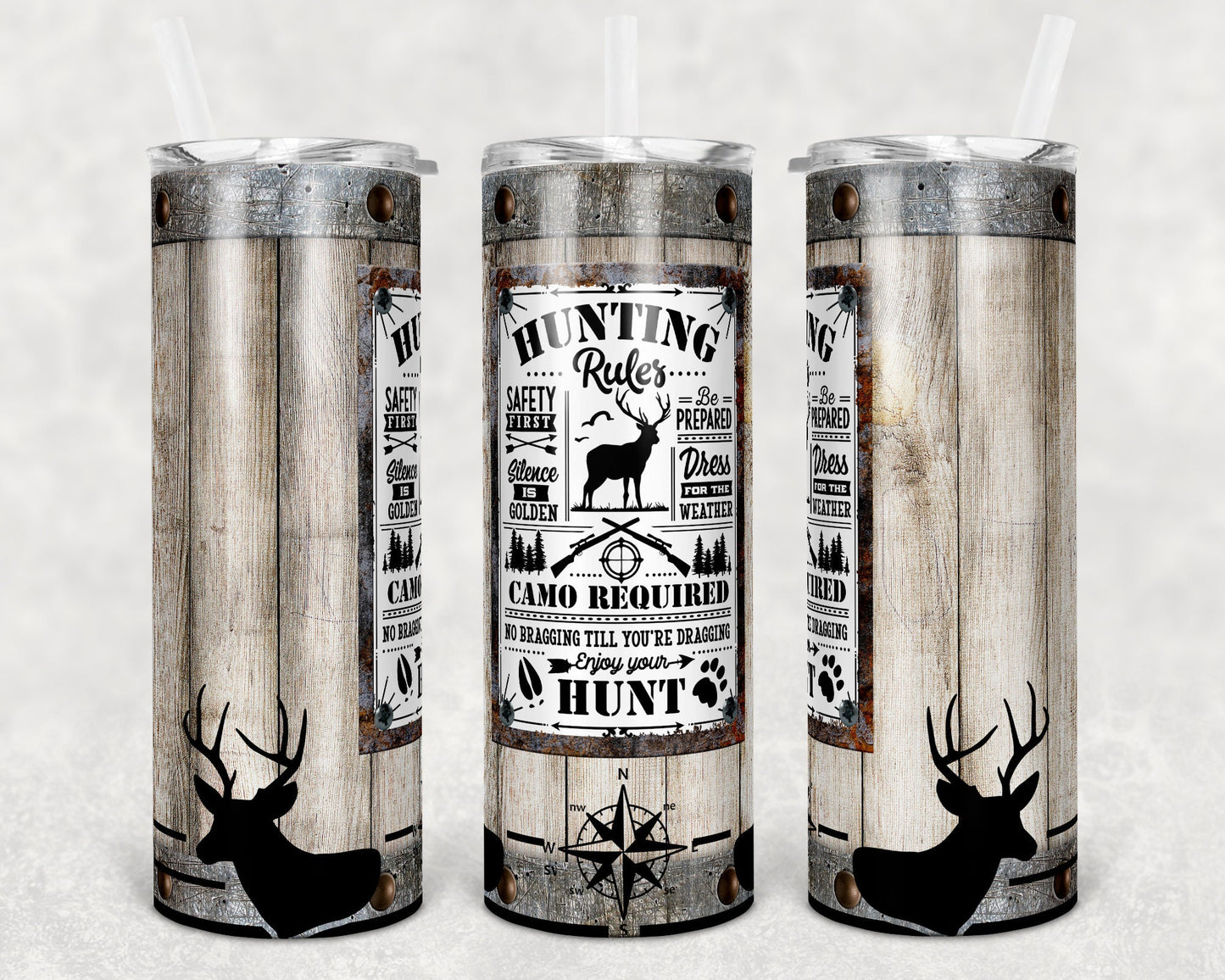 20 oz Skinny Tumbler Wood Vintage Sign Hunting Rules Camo Hunt Sublimation