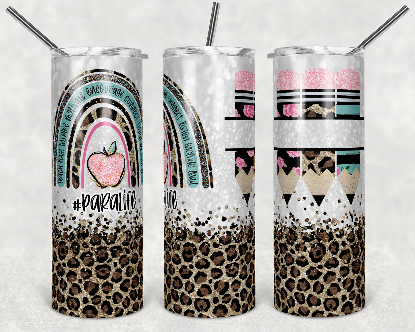 20 oz Skinny Tumbler Rainbow Leopard Glitter Para Life Tumbler Pencil Monogram Teacher Life Sublimation Design