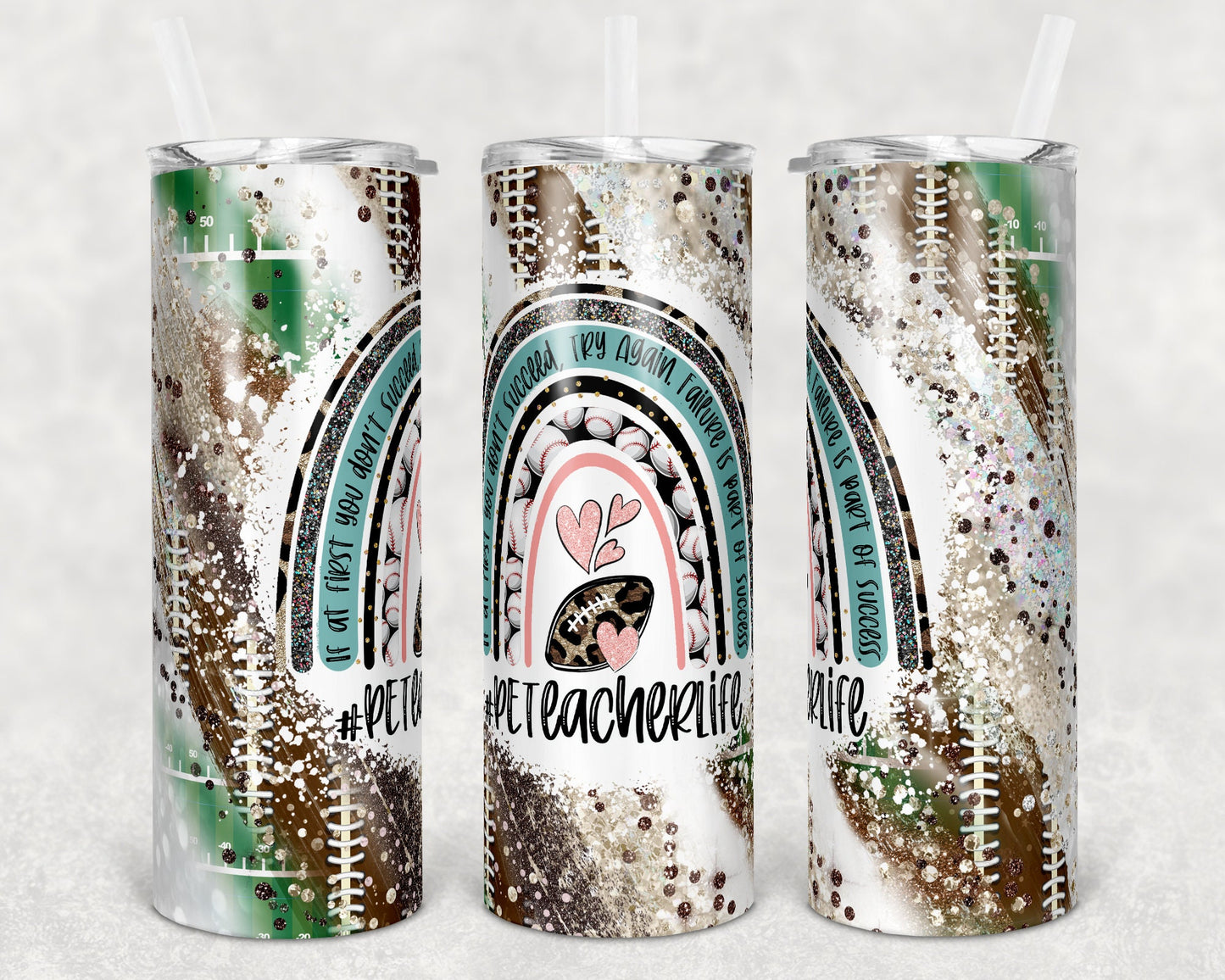 20 oz Skinny Tumbler Rainbow Leopard Glitter PE Teacher Tumbler Monogram Teacher Life Sublimation Design