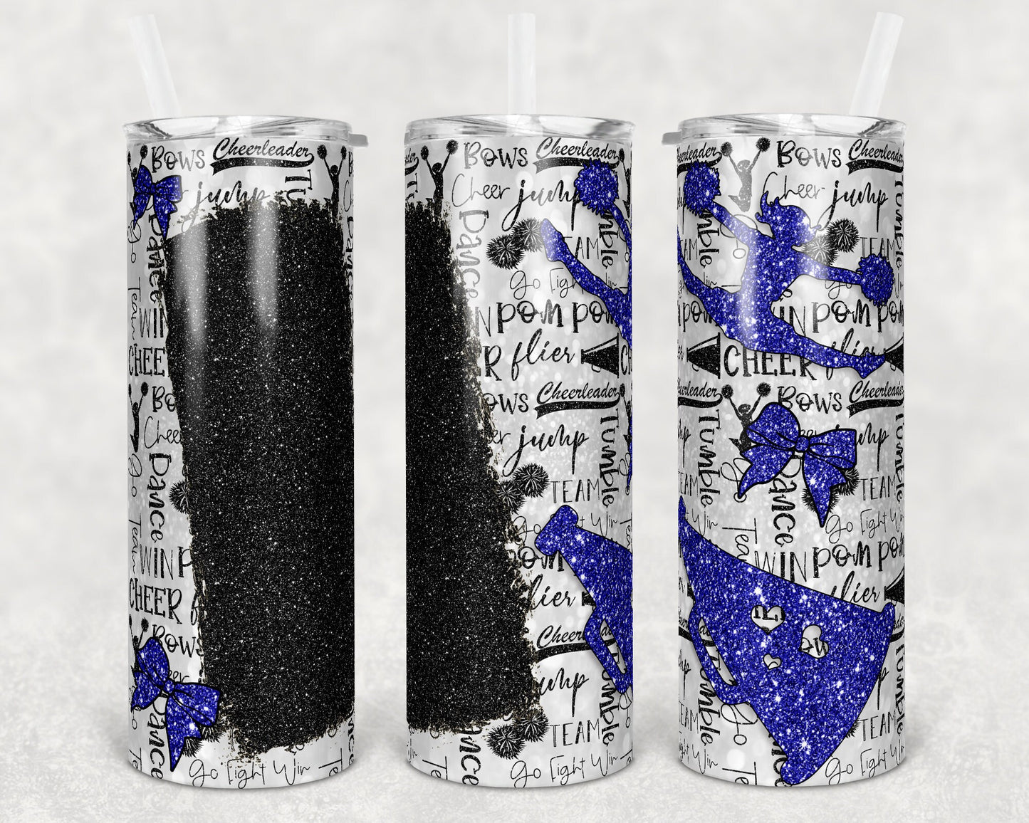 20 oz Skinny Tumbler Cheer Blank for Name Glitter Blue Black Sublimation Design