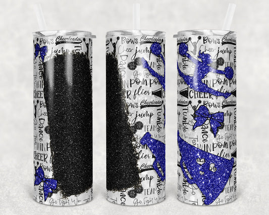 20 oz Skinny Tumbler Cheer Blank for Name Glitter Blue Black Sublimation Design