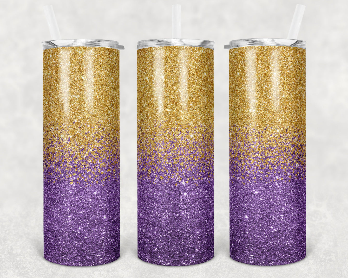 20 oz Skinny Tumbler Sublimation Design Template Glitter Ombre Purple Gold 2 colors Straight Warped Design