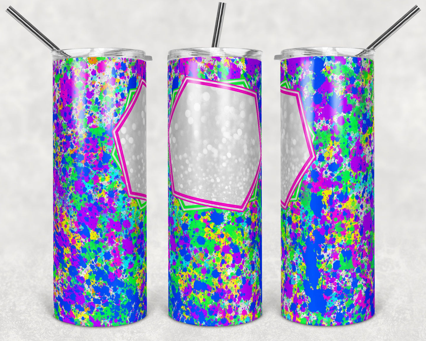 20 oz Skinny Tumbler Sublimation Template bright neon splatter name plate Straight and Warped Design