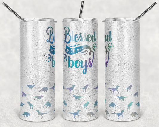 20 oz Skinny Tumbler Blessed with Boys Dinosaur Tracks Glitter Sublimation Design