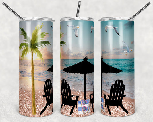 20 oz Skinny Tumbler Beach Chairs Beach Day Ocean tumbler Sublimation Design