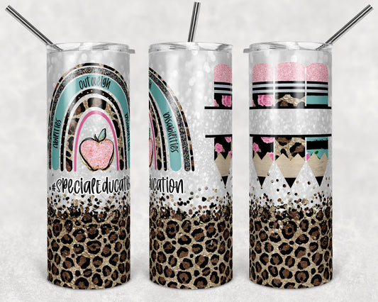 20 oz Skinny Tumbler Rainbow Leopard Glitter Teacher Special Education Tumbler Pencil Monogram Sublimation Design