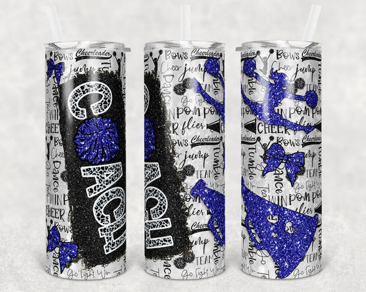 20 oz Skinny Tumbler Cheer Coach Glitter Leopard and Black Sublimation Design Print Transfer