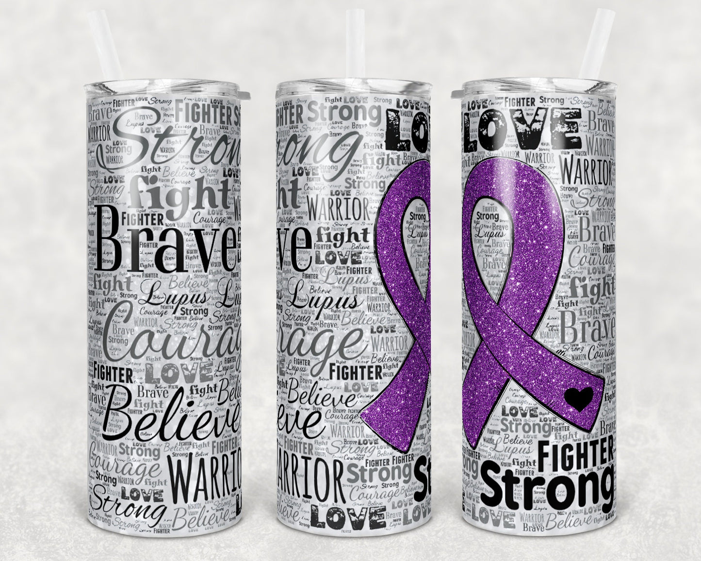 20 oz Skinny Tumbler Sublimation Glitter Awareness Ribbon Word Art Lupus Purple Straight Warped Design